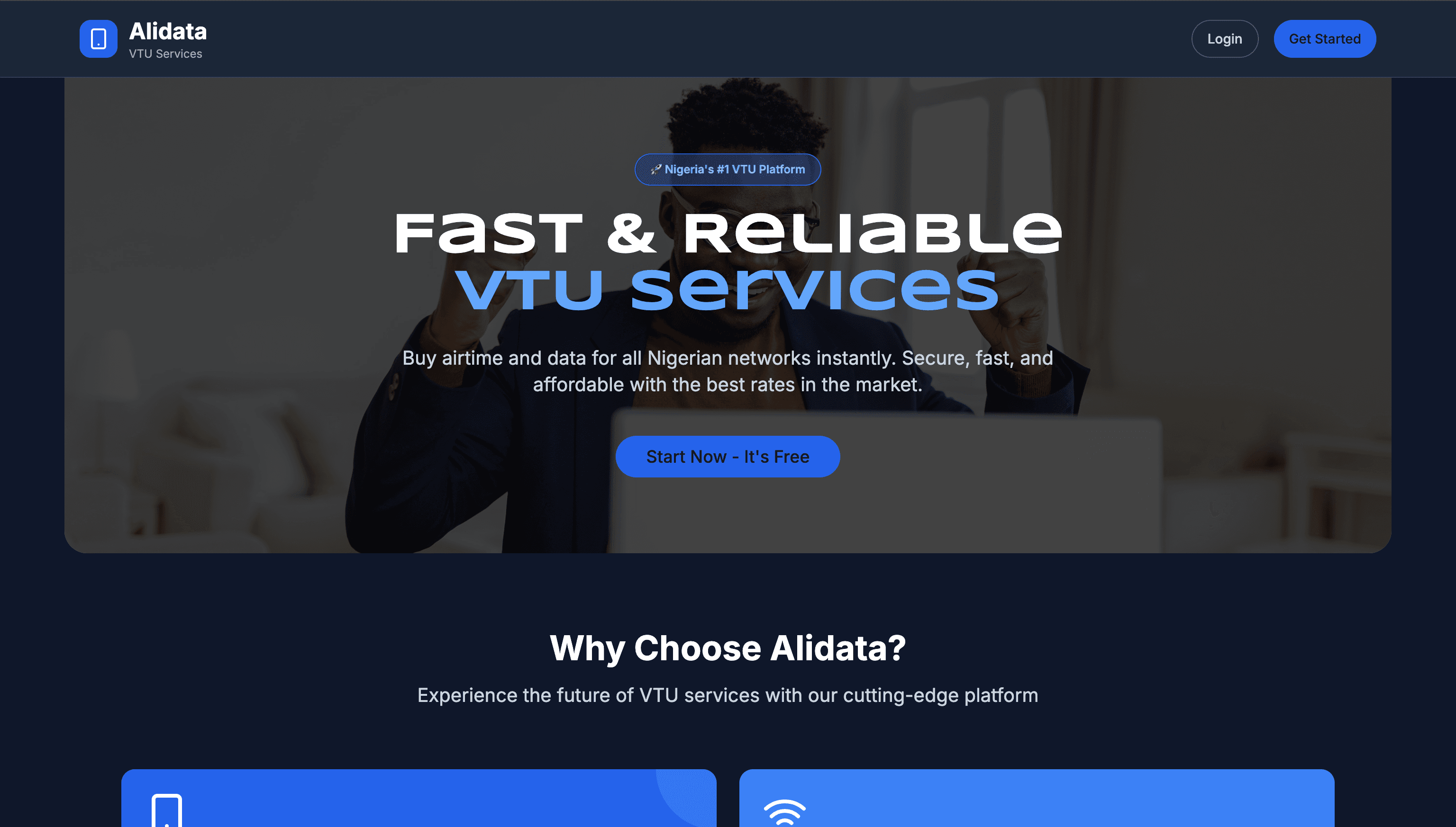 Alidata VTU airtime and data platform landing page