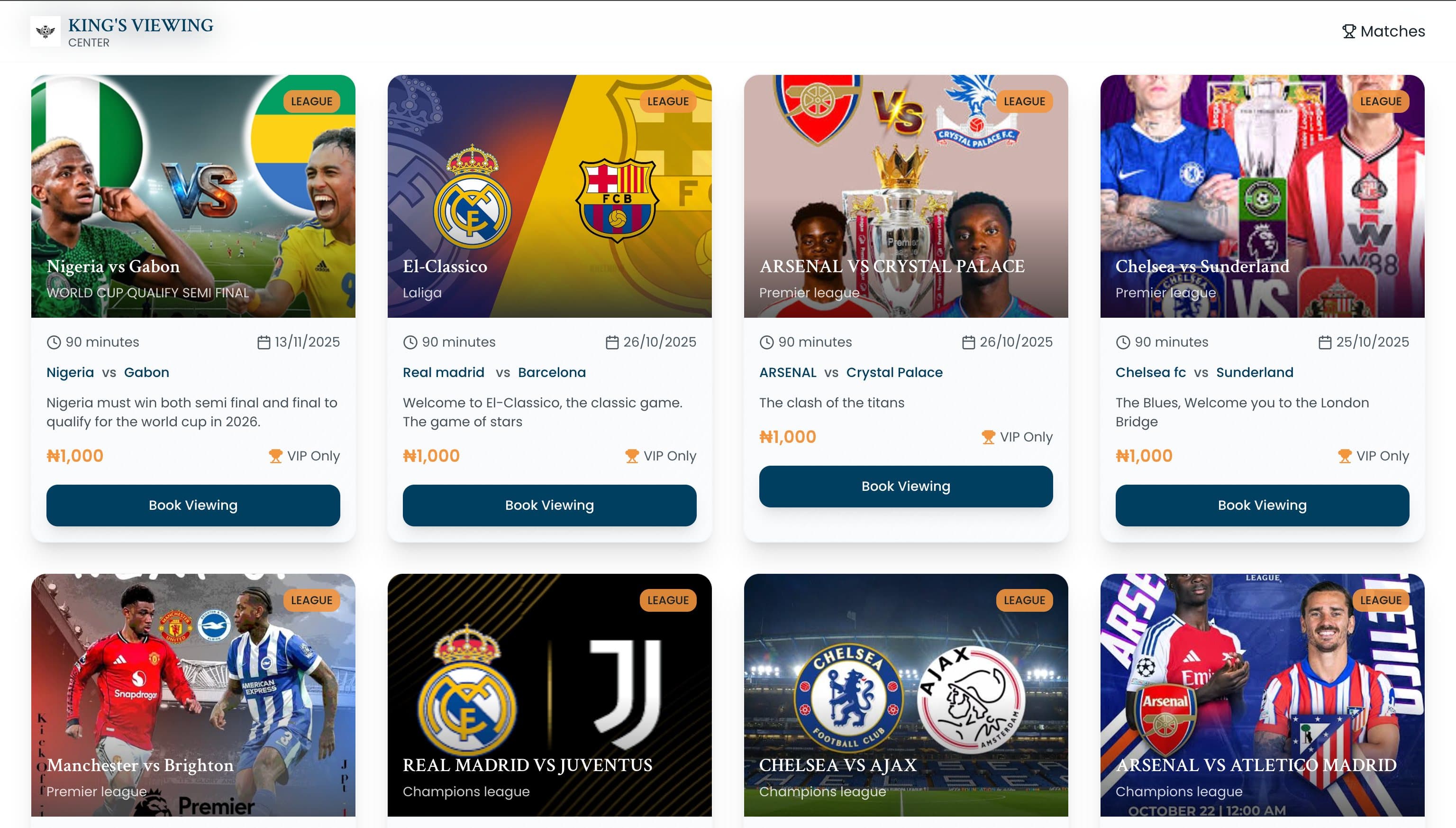 King's Viewing Center match booking interface