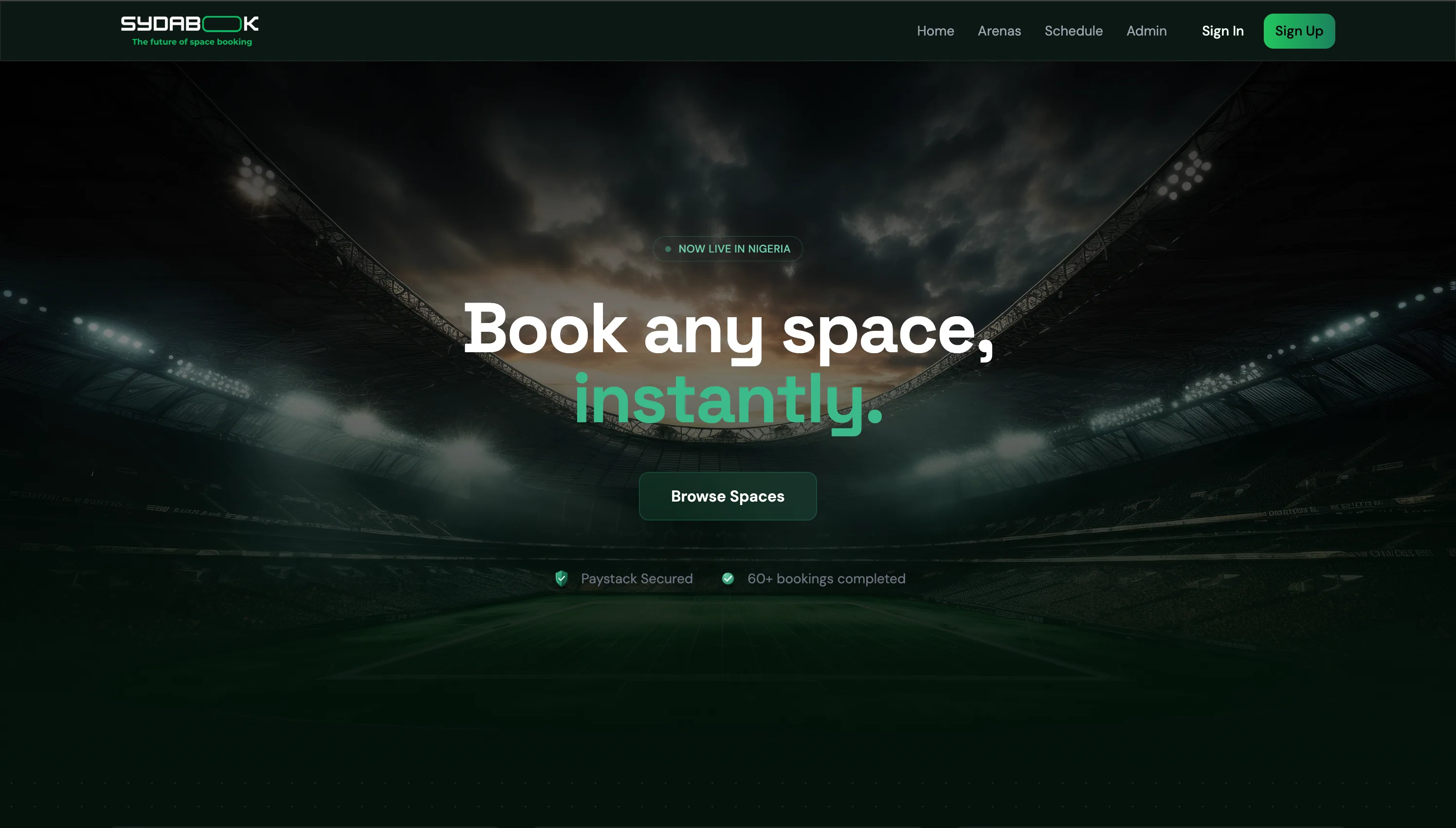 Sydabook sports space booking platform landing page
