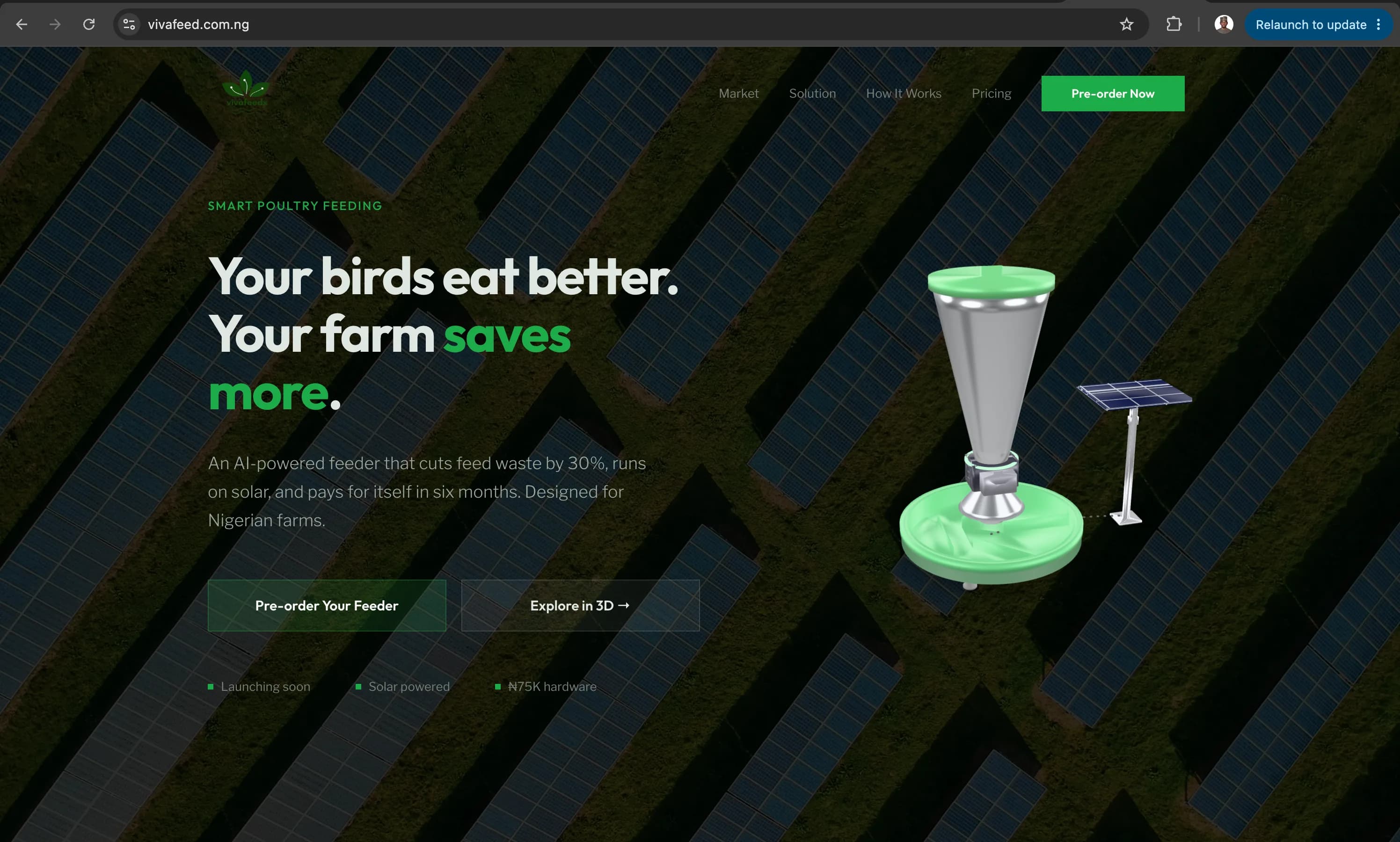 VivaFeed solar-powered smart poultry feeder landing page